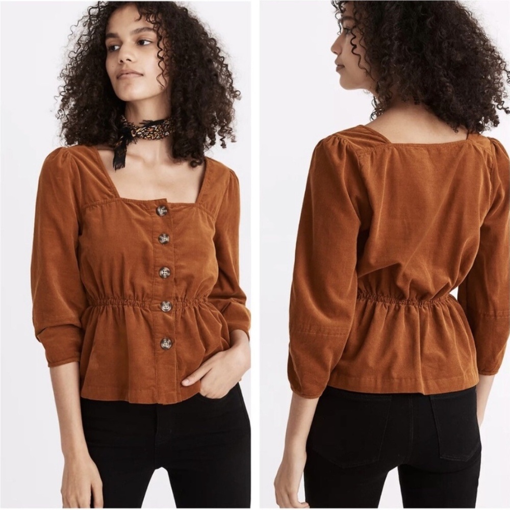 Madewell Corduroy Button-Front Peplum Top GOLDEN PECAN  (new with tags) xxs